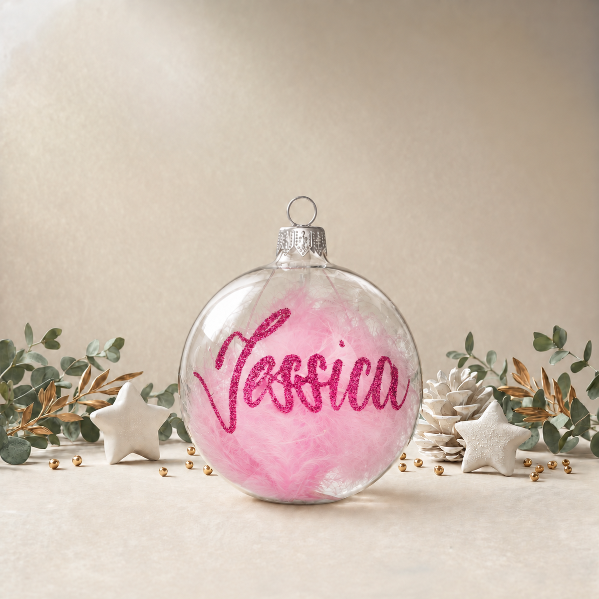 Clear Bauble with Pink Feathers