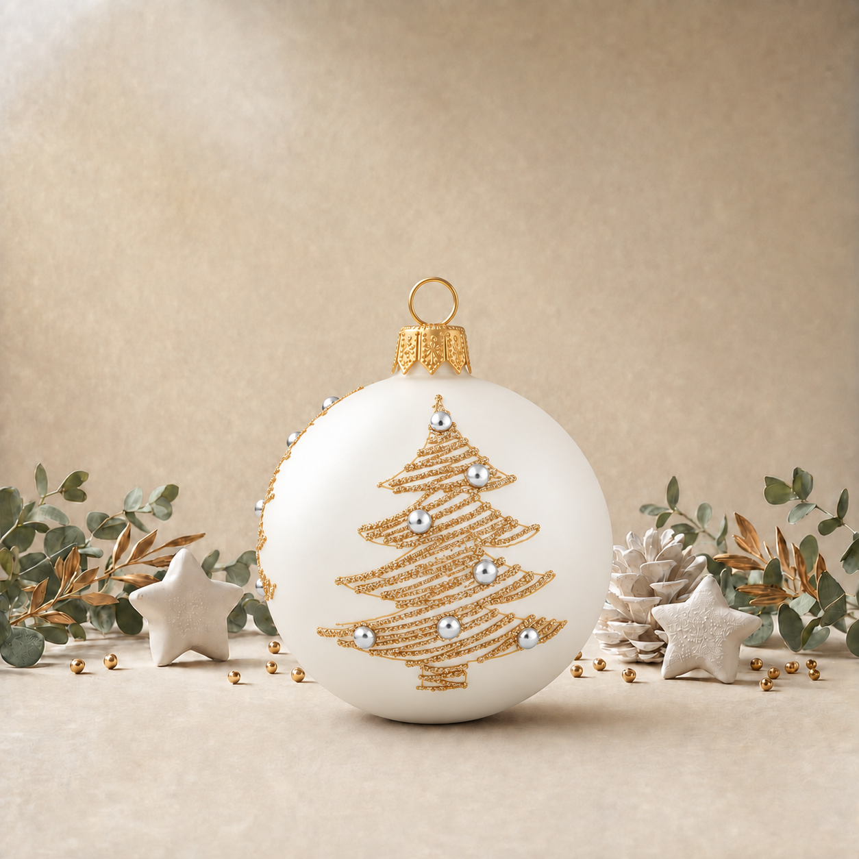 Gold Christmas Trees on White Bauble