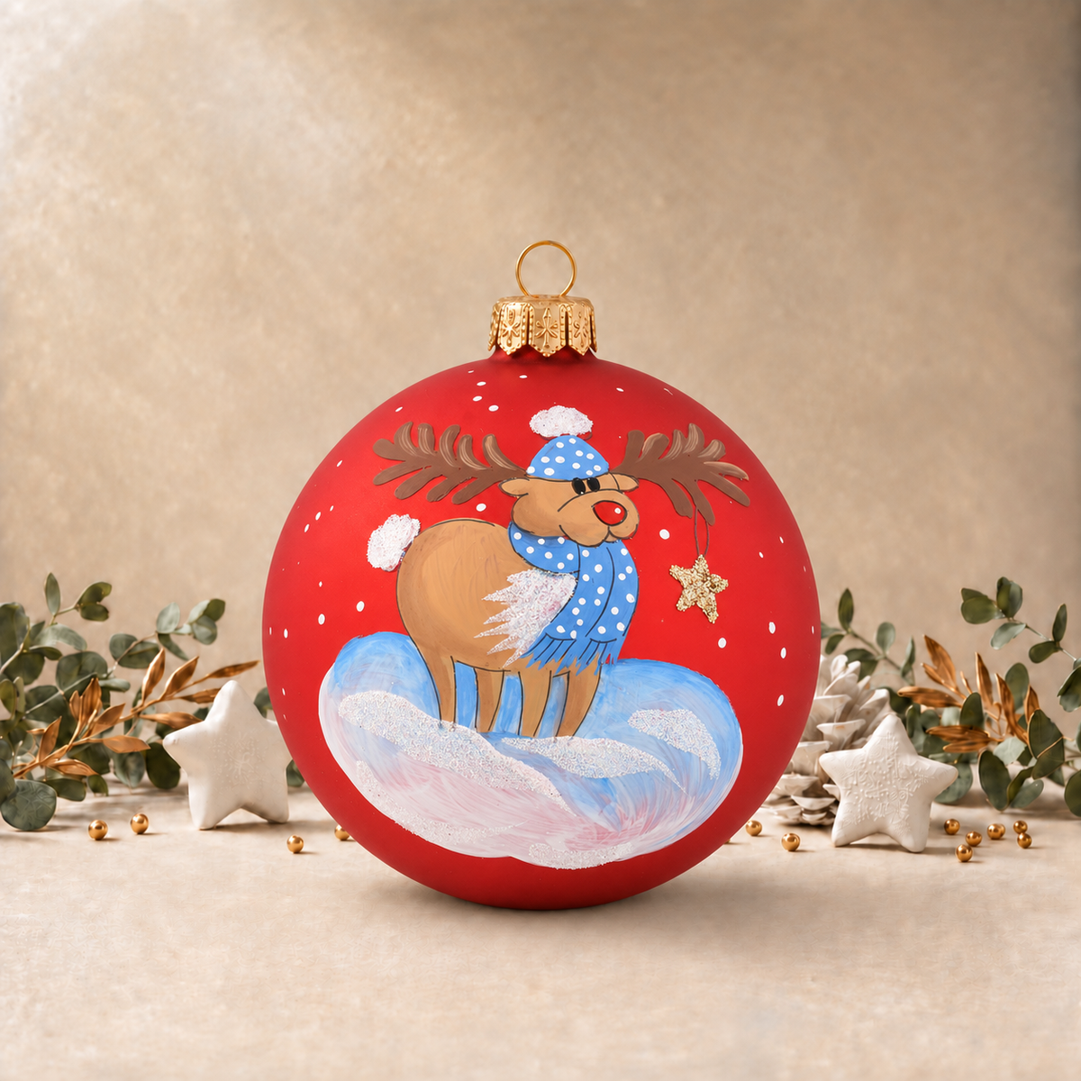 Large Red Bauble with Cute Moose