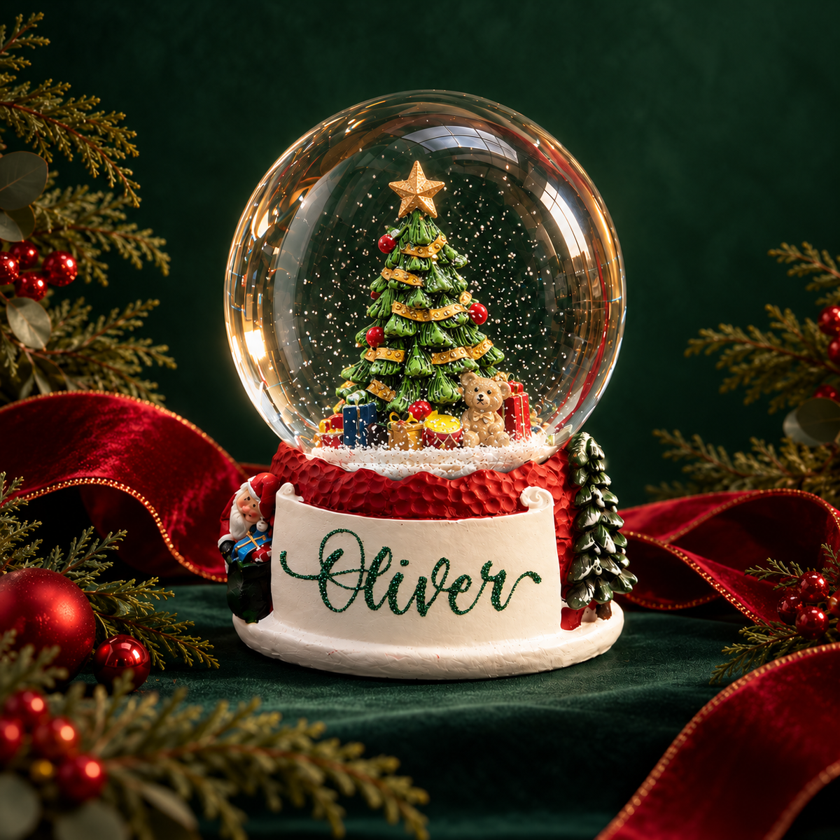 Christmas Tree Snow Globe, on a Christmas table