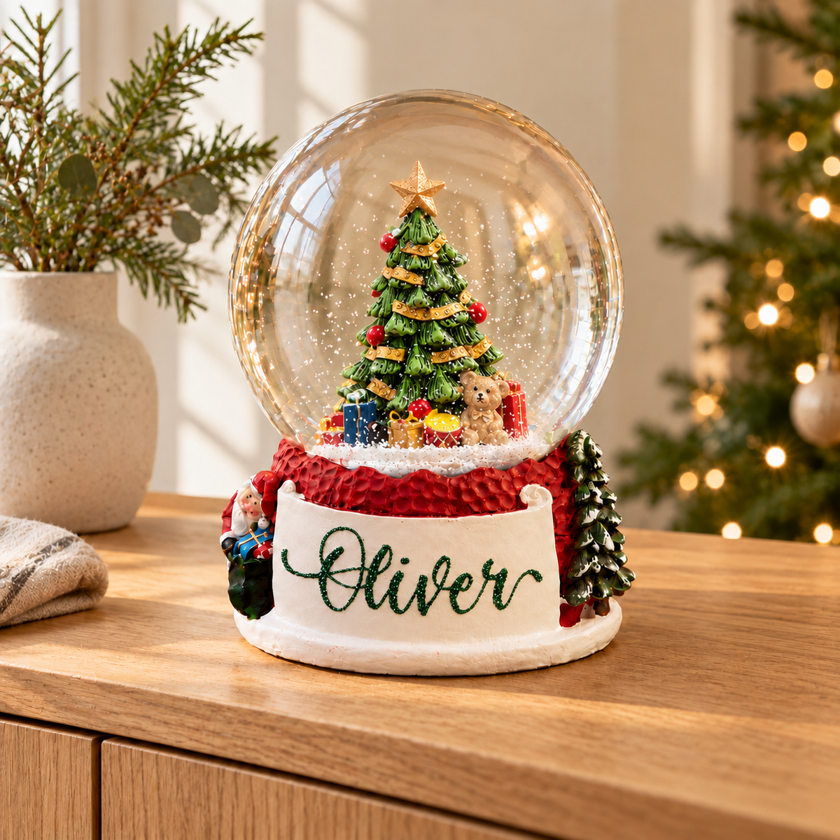 Christmas Tree Snow Globe, styled on a wooden sideboard