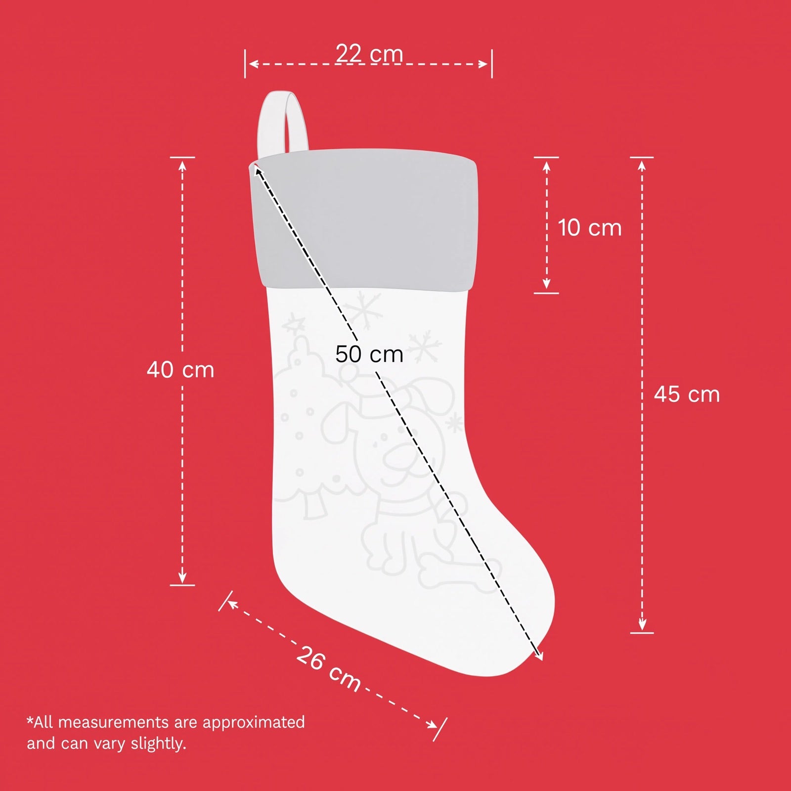 Stocking dimensions: 45 cm tall overall, 22 cm wide by 10 cm deep cuff, 26 cm foot